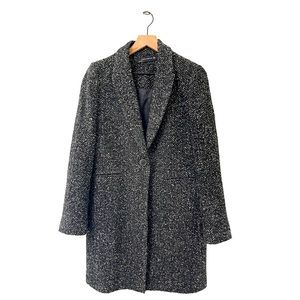Zara Woman Black Tweed Wool-Blend Mid Trench Peacoat Size Small